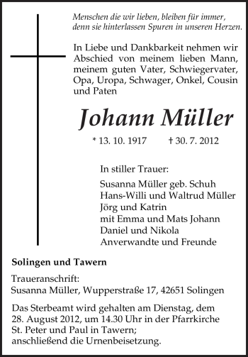 Todesanzeige von Johann Müller von TRIERISCHER VOLKSFREUND