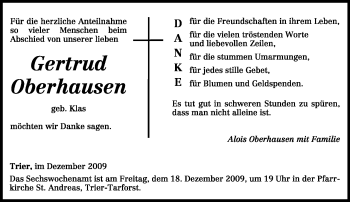 Todesanzeige von Gertrud Oberhausen von TRIERISCHER VOLKSFREUND