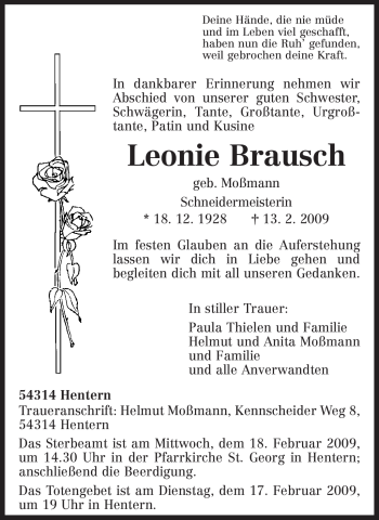 Todesanzeige von Leonie Brausch von TRIERISCHER VOLKSFREUND