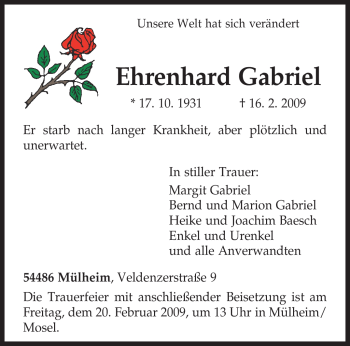 Todesanzeige von Ehrenhard Gabriel von TRIERISCHER VOLKSFREUND