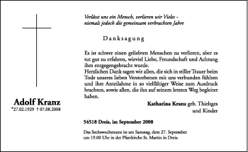 Todesanzeige von Adolf Kranz von TRIERISCHER VOLKSFREUND