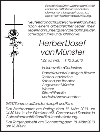 Todesanzeige von Herbert Josef van Münster von TRIERISCHER VOLKSFREUND