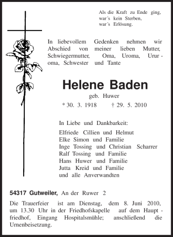 Todesanzeige von Helene Baden von TRIERISCHER VOLKSFREUND