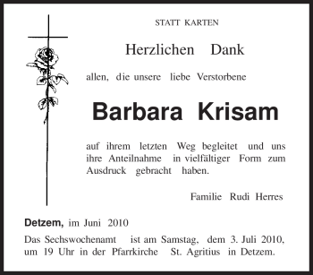Todesanzeige von Barbara Krisam von TRIERISCHER VOLKSFREUND