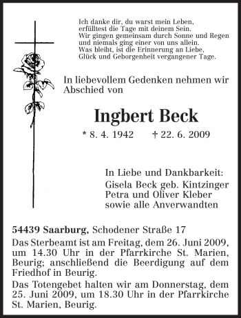 Todesanzeige von Ingbert Beck von TRIERISCHER VOLKSFREUND