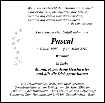 Todesanzeige von Pascal Unbekannt von TRIERISCHER VOLKSFREUND