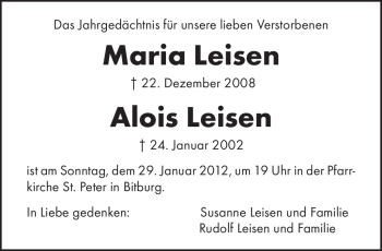 Todesanzeige von Alois Leisen von TRIERISCHER VOLKSFREUND