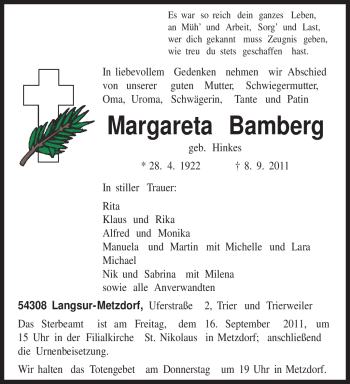 Todesanzeige von Margareta Bamberg von TRIERISCHER VOLKSFREUND
