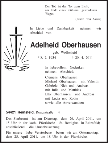Todesanzeige von Adelheid Oberhausen von TRIERISCHER VOLKSFREUND