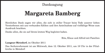 Todesanzeige von Margareta Bamberg von TRIERISCHER VOLKSFREUND