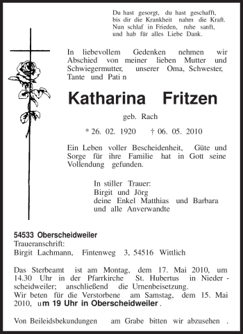Todesanzeige von Katharina Fritzen von TRIERISCHER VOLKSFREUND
