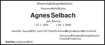 Todesanzeige von Agnes Selbach von TRIERISCHER VOLKSFREUND