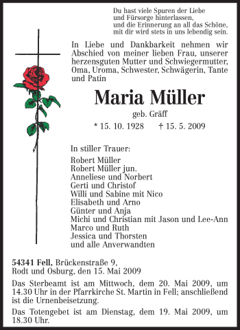Todesanzeige von Maria Müller von TRIERISCHER VOLKSFREUND