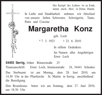Todesanzeige von Margaretha Konz von TRIERISCHER VOLKSFREUND