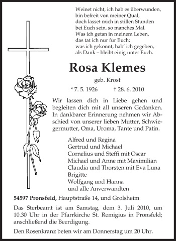 Todesanzeige von Rosa Klemes von TRIERISCHER VOLKSFREUND