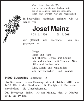 Todesanzeige von Josef Mainz von TRIERISCHER VOLKSFREUND