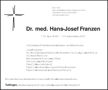 Todesanzeige von Hans-Josef Franzen von TRIERISCHER VOLKSFREUND