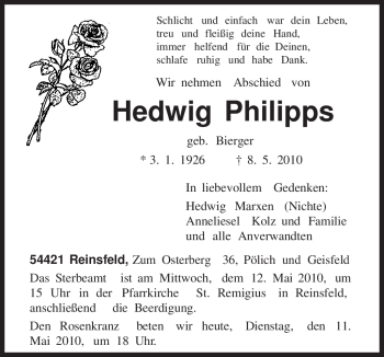 Todesanzeige von Hedwig Philipps von TRIERISCHER VOLKSFREUND