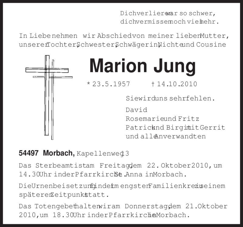  Traueranzeige für Marion Jung vom 19.10.2010 aus TRIERISCHER VOLKSFREUND