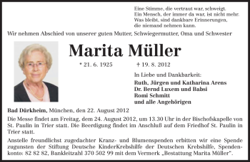 Todesanzeige von Marita Müller von TRIERISCHER VOLKSFREUND