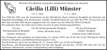 Todesanzeige von Cäcilia Münster von TRIERISCHER VOLKSFREUND