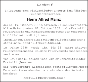 Todesanzeige von Alfred Mainz von TRIERISCHER VOLKSFREUND