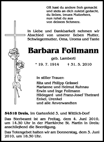Todesanzeige von Barbara Follmann von TRIERISCHER VOLKSFREUND