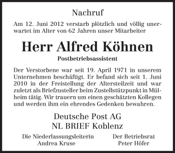 Todesanzeige von Alfred Köhnen von TRIERISCHER VOLKSFREUND