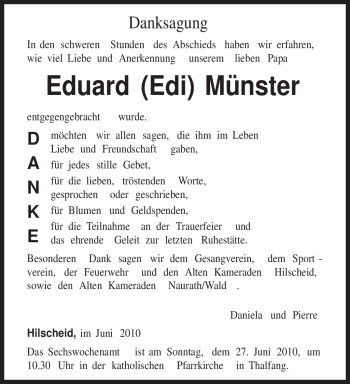 Todesanzeige von Eduard Münster von TRIERISCHER VOLKSFREUND