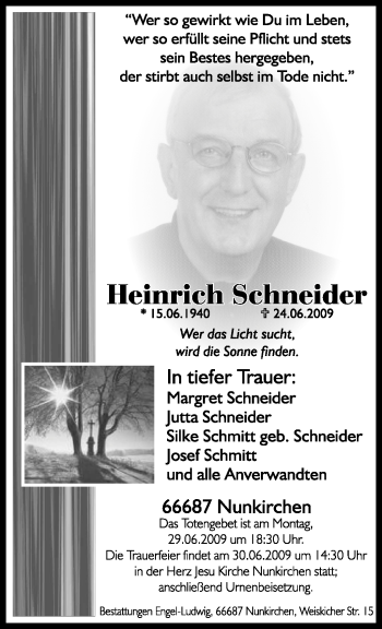 Todesanzeige von Heinrich Schneider von TRIERISCHER VOLKSFREUND