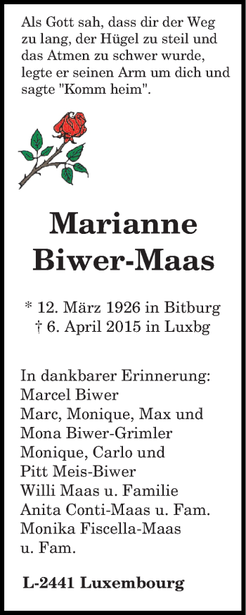 Todesanzeige von Marianne Biwer-Maas von trierischer_volksfreund