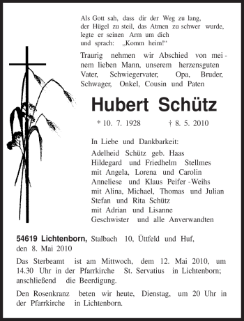 Todesanzeige von Hubert Schütz von TRIERISCHER VOLKSFREUND