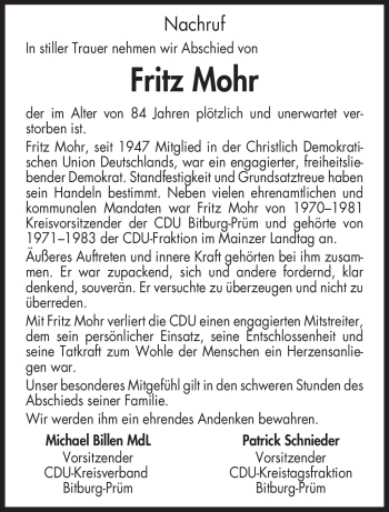 Todesanzeige von Fritz Mohr von TRIERISCHER VOLKSFREUND