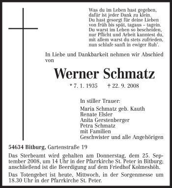 Todesanzeige von Werner Schmatz von TRIERISCHER VOLKSFREUND