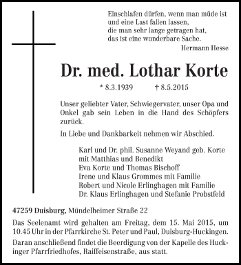 Todesanzeige von Lothar Korte von trierischer_volksfreund