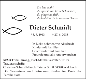Todesanzeige von Dieter Schmidt von trierischer_volksfreund