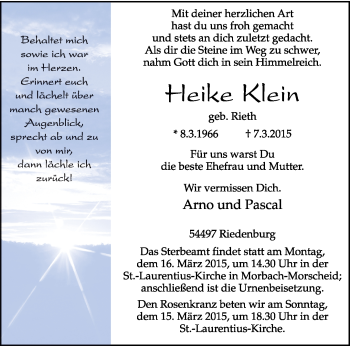 Todesanzeige von Heike Klein von trierischer_volksfreund