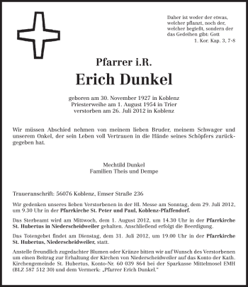 Todesanzeige von Erich Dunkel von TRIERISCHER VOLKSFREUND