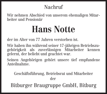 Todesanzeige von Hans Notte von TRIERISCHER VOLKSFREUND