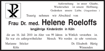 Todesanzeige von Helene Roeloffs von TRIERISCHER VOLKSFREUND