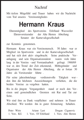 Todesanzeige von Hermann Kraus von TRIERISCHER VOLKSFREUND