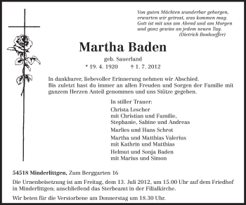 Todesanzeige von Martha Baden von TRIERISCHER VOLKSFREUND