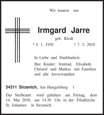 Todesanzeige von Irmgard Jarre von TRIERISCHER VOLKSFREUND