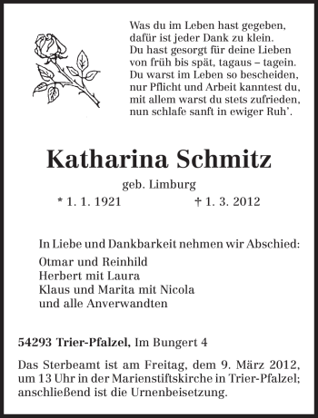 Todesanzeige von Katharina Schmitz von TRIERISCHER VOLKSFREUND