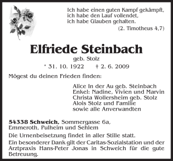 Todesanzeige von Elfriede Steinbach von TRIERISCHER VOLKSFREUND