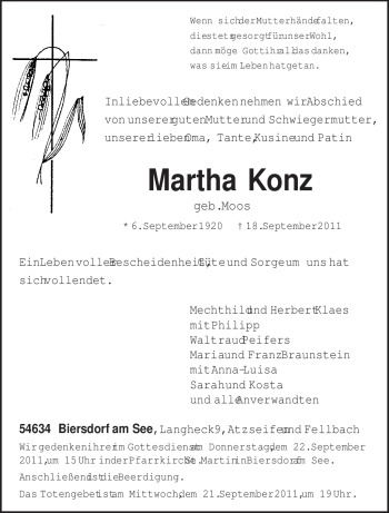 Todesanzeige von Martha Konz von TRIERISCHER VOLKSFREUND