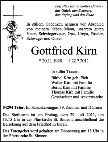 Todesanzeige von Gottfried Kirn von TRIERISCHER VOLKSFREUND
