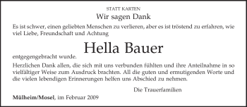 Todesanzeige von Hella Bauer von TRIERISCHER VOLKSFREUND