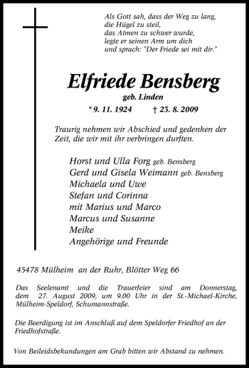 Todesanzeige von Elfriede Bensberg von TRIERISCHER VOLKSFREUND