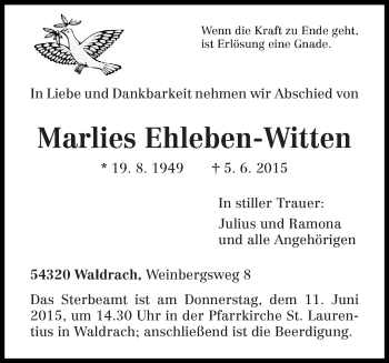 Todesanzeige von Marlies Ehleben-Witten von trierischer_volksfreund
